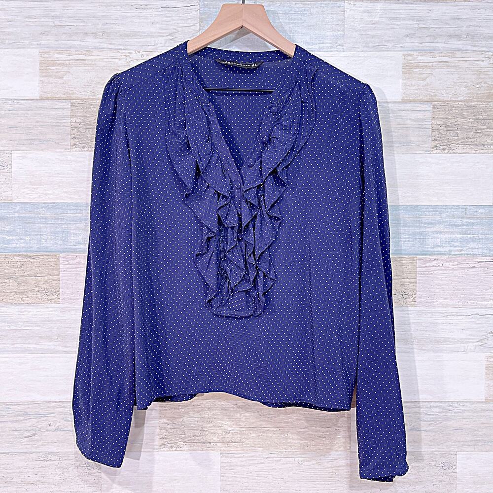 ZARA Woman Polka Dot Ruffle Henley V Neck Top Blue White Woven Womens Large